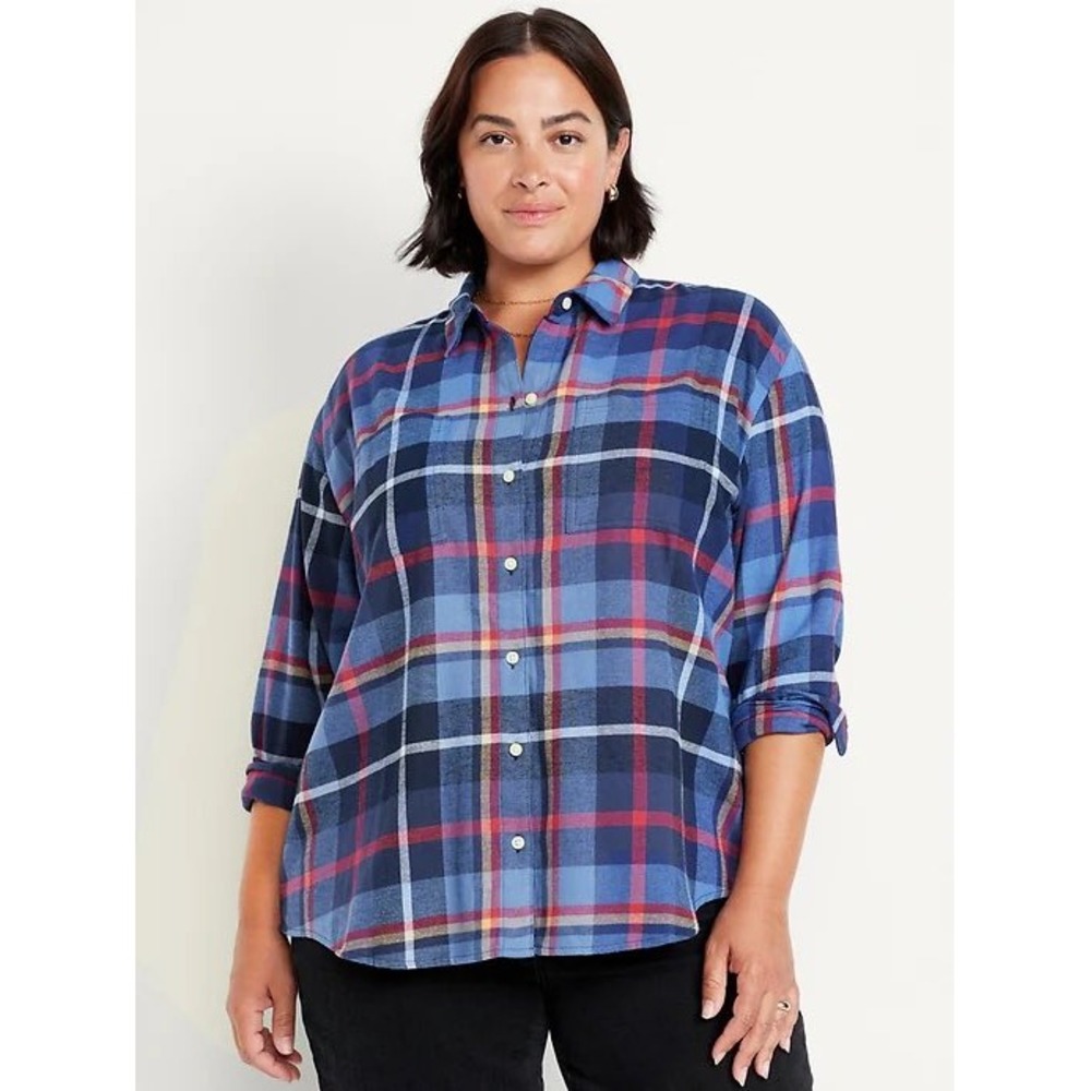Old Navy The Boyfriend Shirt Womens XL Blue Plaid Flannel Granola Girl Casual